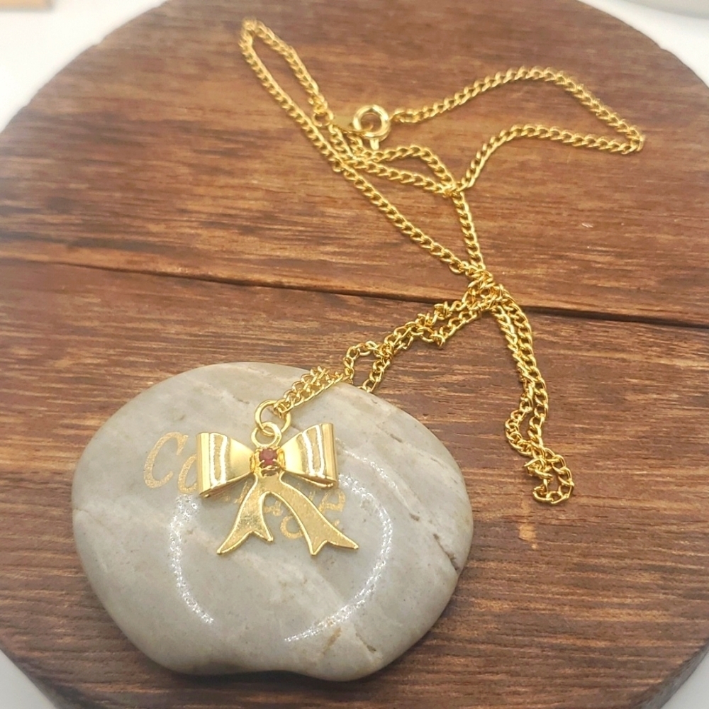 N3124 delicate ribbon bow present feminine necklace‎ garnet stone
